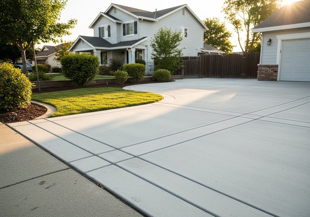 Concrete driveway installation in Ceres, showing a smooth, freshly poured driveway in a residential neighborhood.