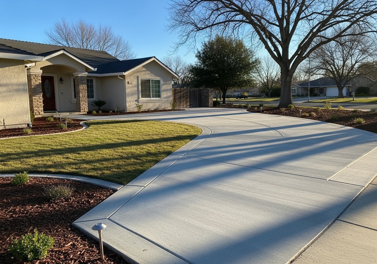 Concrete driveway installation in Modesto neighborhood with smooth finish and control joints