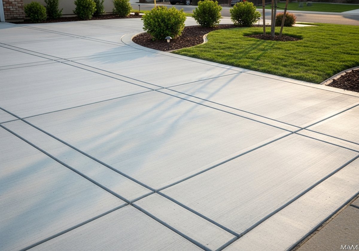 Newly poured concrete driveway in Riverbank, CA with a smooth finish under sunny skies