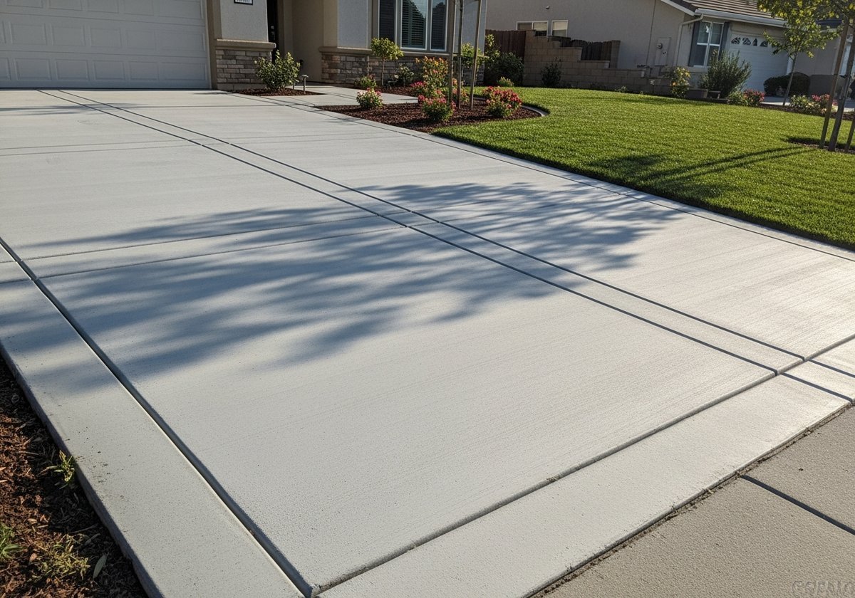 Concrete driveway installation in Salida, California, showing smooth finish and control joints.