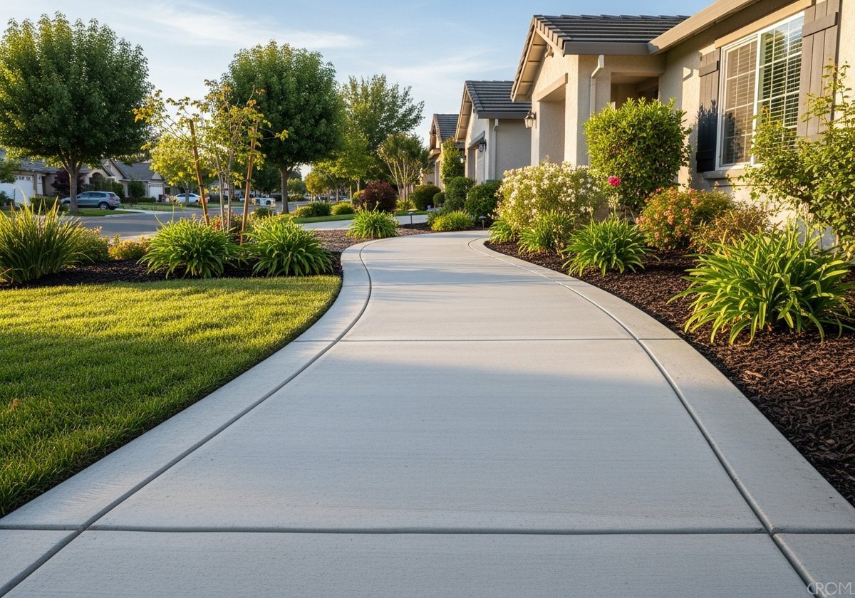 Concrete pathway installation in a backyard in Ceres, CA, showcasing a smooth finish and precise edging.