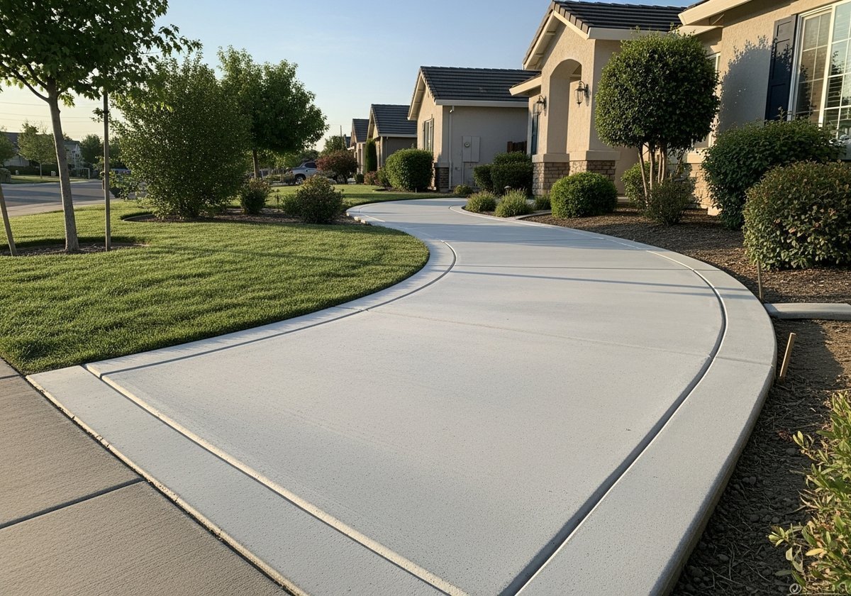 Newly installed concrete pathway in Escalon, CA, leading through a landscaped front yard.
