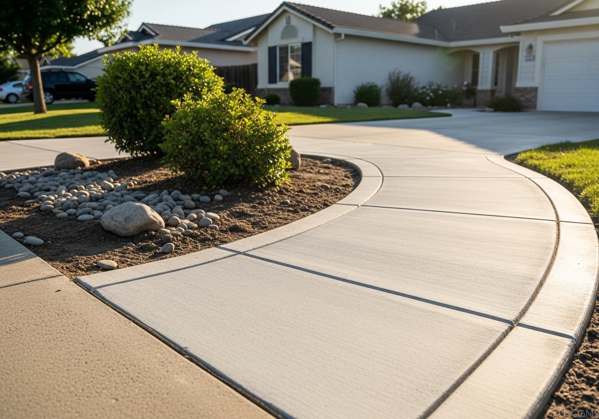 Concrete pathways installed in a Riverbank backyard with clean edges and smooth finish.
