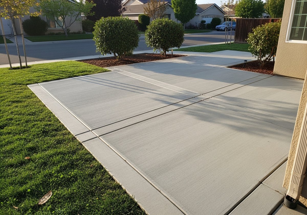 Newly installed concrete patio in a Ceres backyard, showcasing smooth finish and custom design.