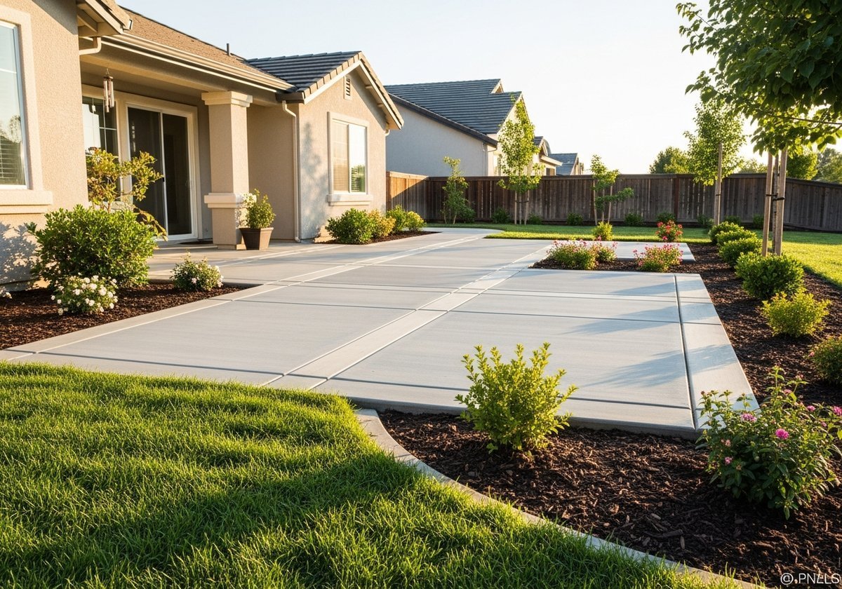 A newly poured concrete patio on a rural Escalon property with expansive clay soil.