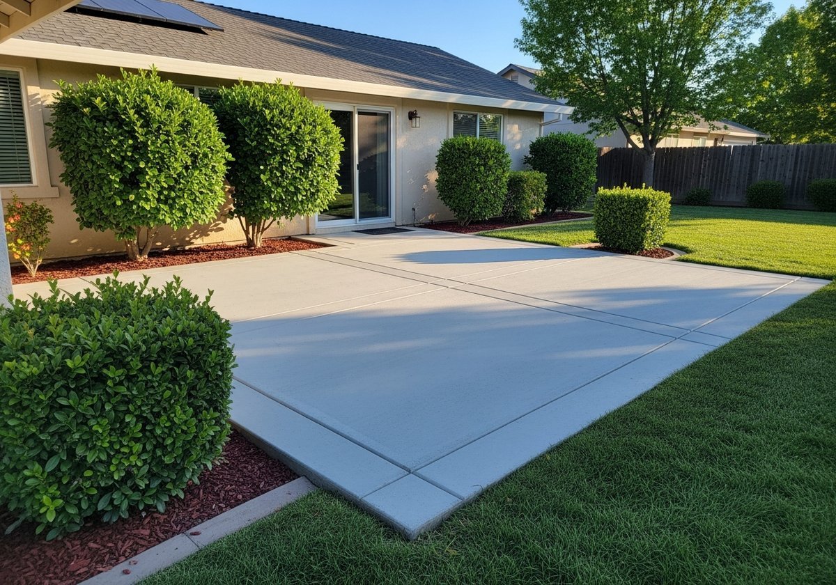Concrete patio in Riverbank backyard with professional finish and landscaping.