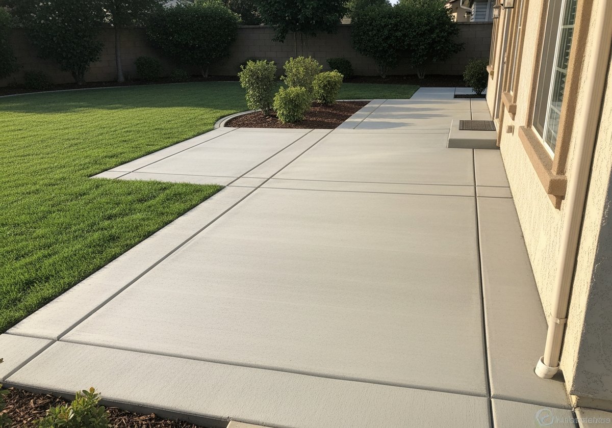 Custom concrete patio installation in Salida, CA backyard with stamped finish.