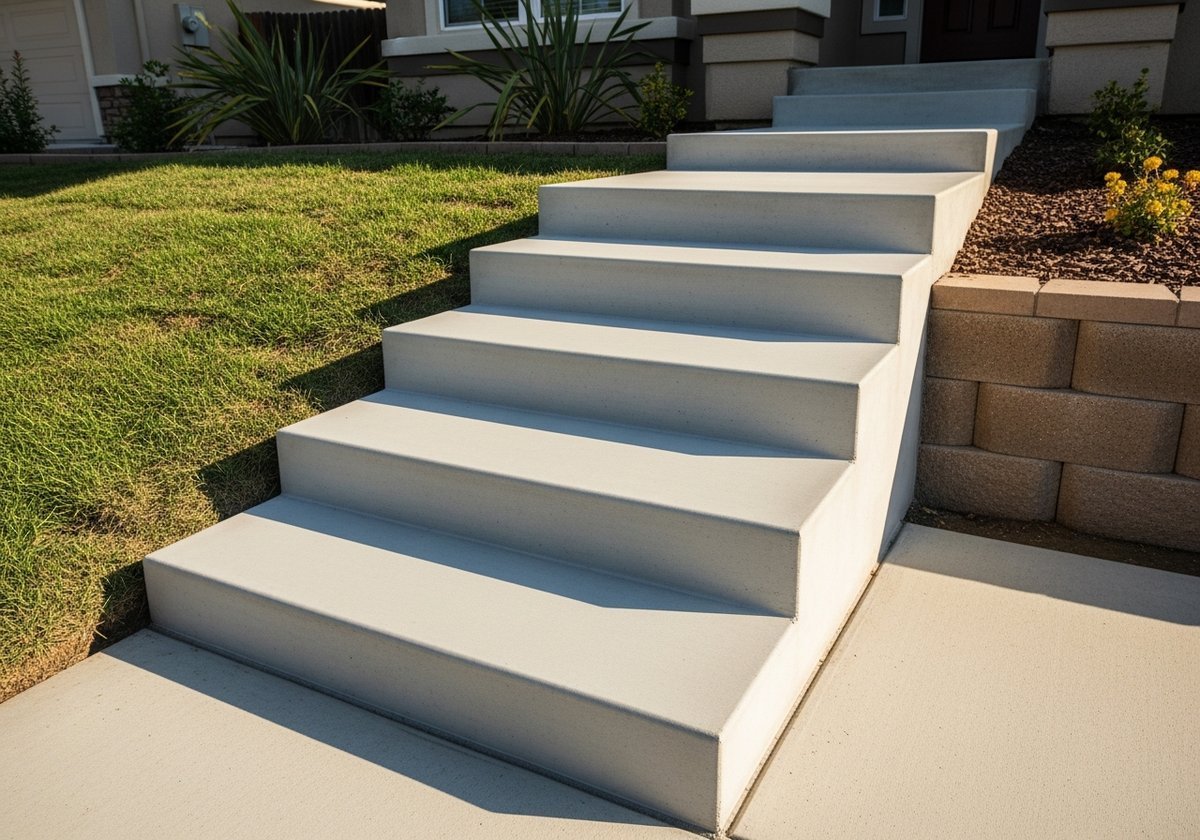 Concrete stairs installation in Modesto showing custom outdoor steps in a residential neighborhood.