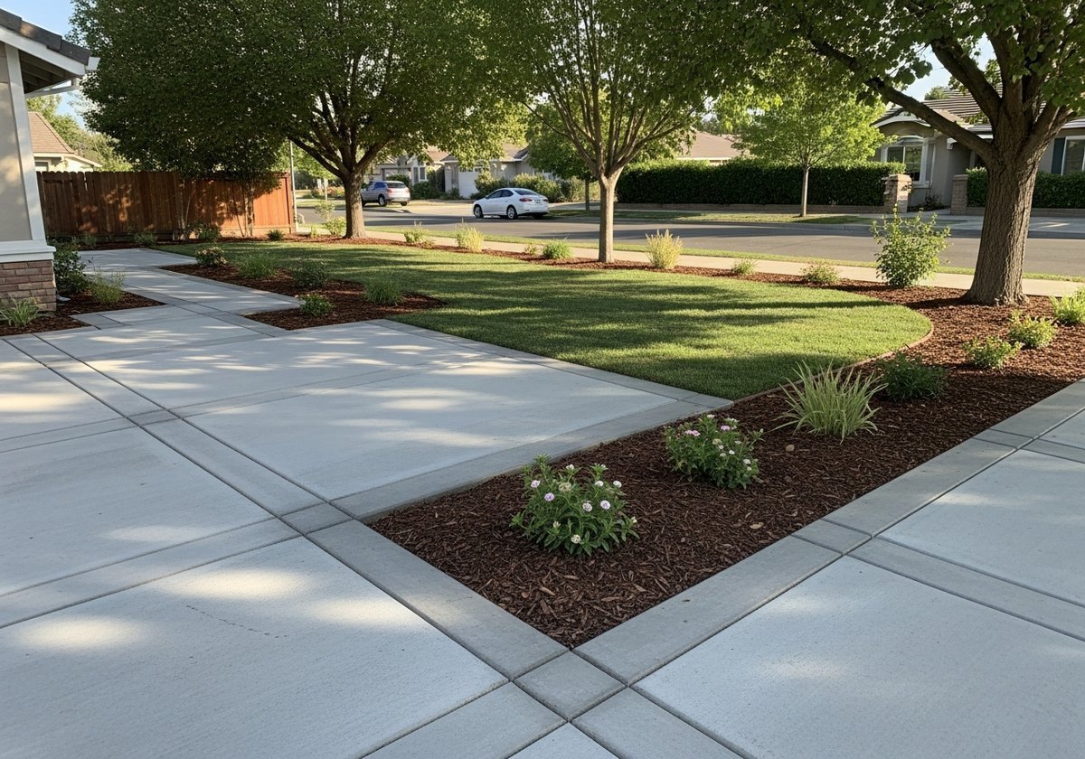 Backyard hardscape project in Ceres featuring a stamped concrete patio and drought-tolerant landscape design.