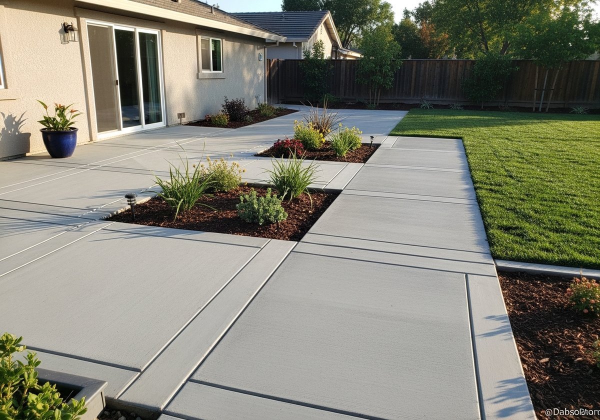 Landscape and hardscape design in Modesto featuring drought-tolerant plants and stamped concrete patio.