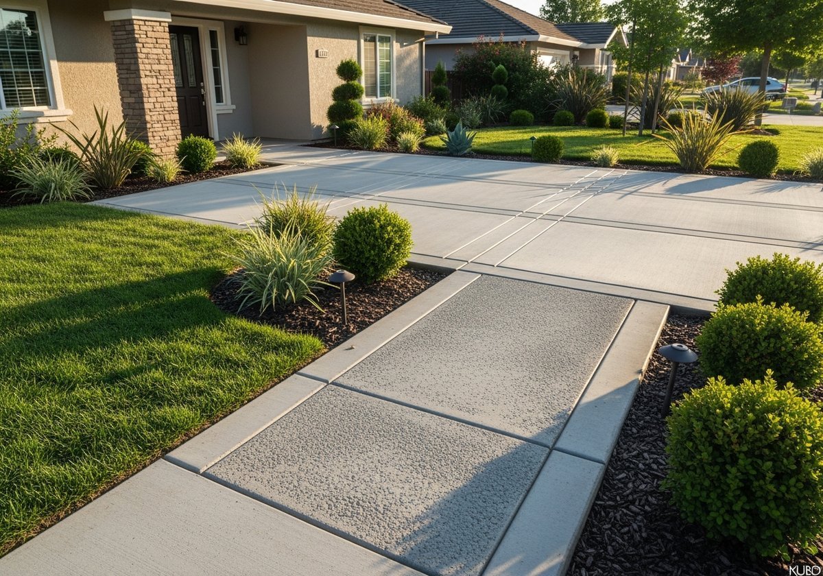 A professionally landscaped backyard in Riverbank featuring hardscape pathways and drought-tolerant plants.
