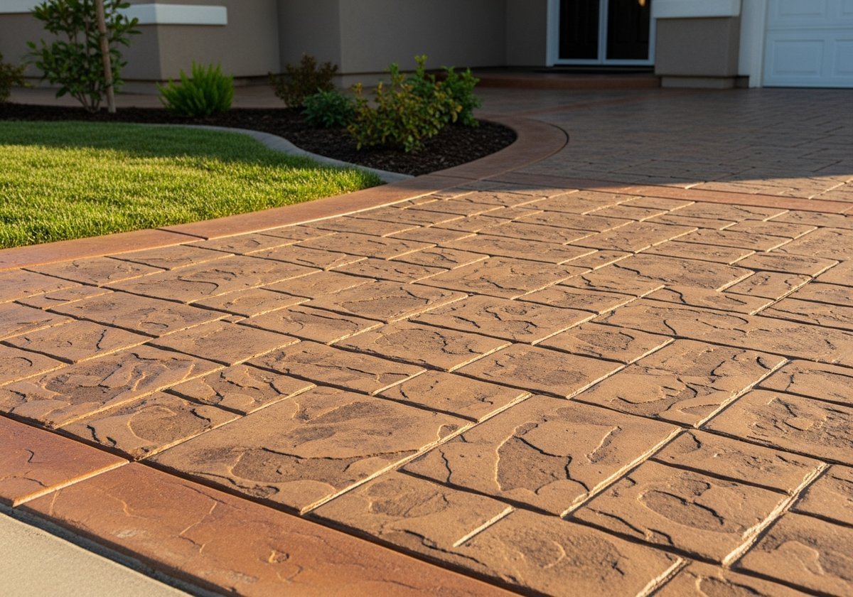 Beautiful stamped concrete patio in a Ceres backyard, showcasing decorative designs and smooth finish.