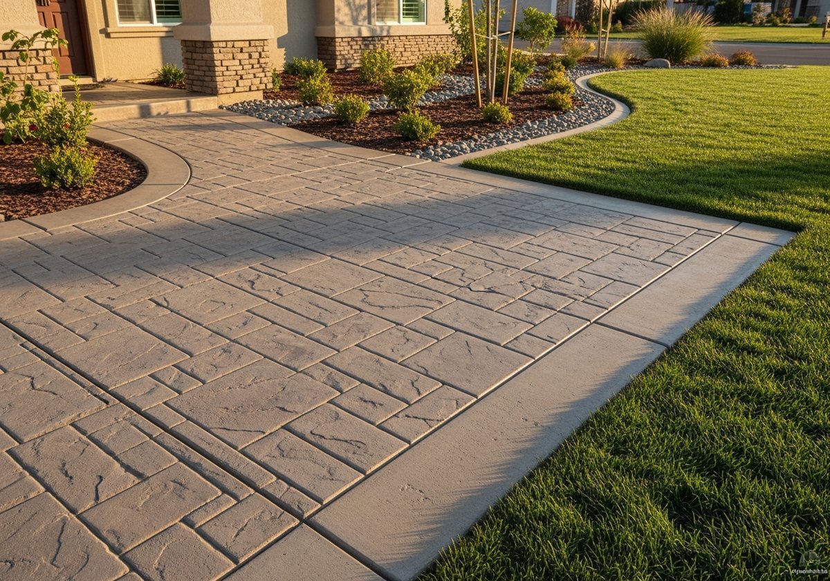 Beautiful stamped concrete patio design in a rural Escalon backyard, perfect for entertaining.