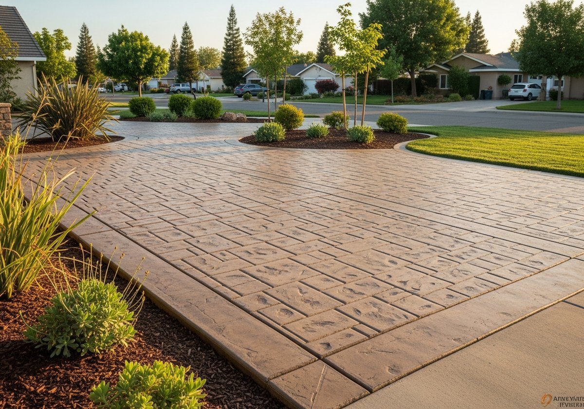 Stamped concrete patio in Modesto backyard with detailed wood plank pattern and natural tones.
