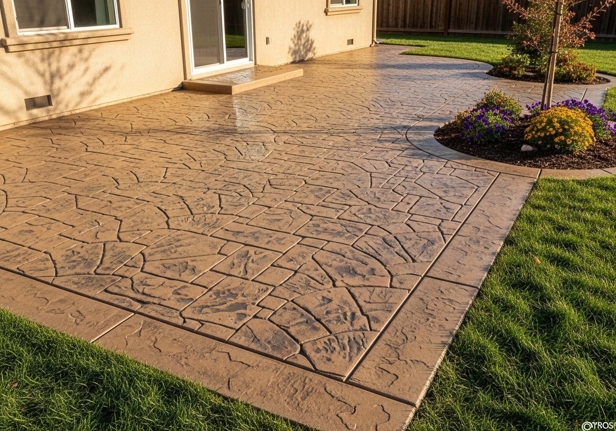 Stamped concrete patio in a Riverbank backyard with decorative patterns